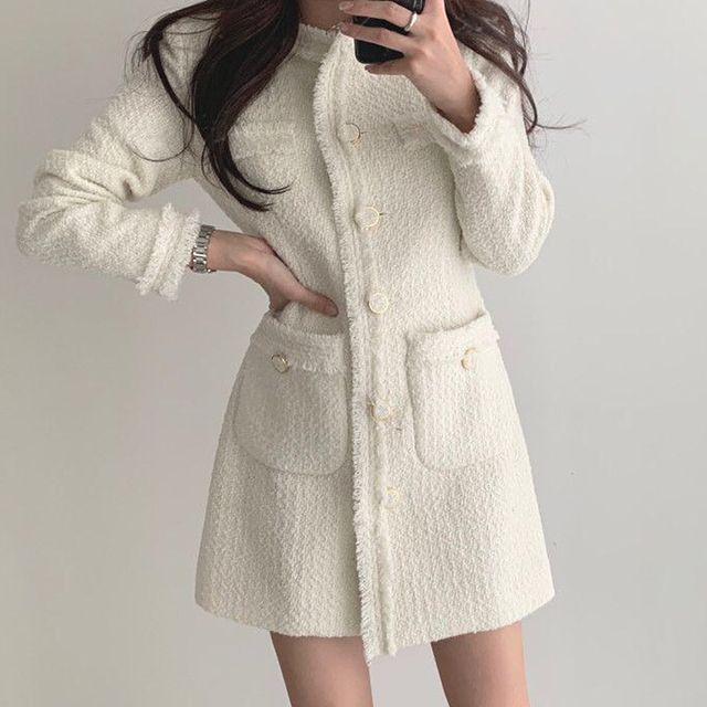 Long-Sleeve Fray Hem Mini A-Line Tweed Dress