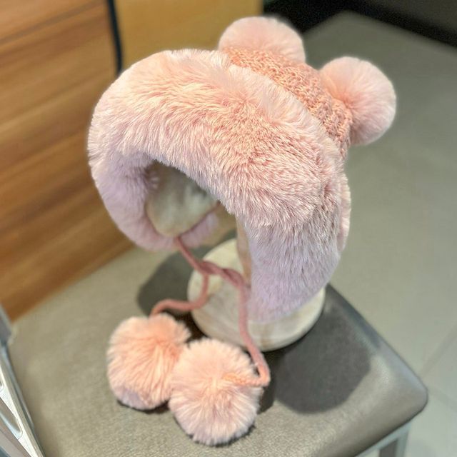 Fluffy Pom Panel Beanie