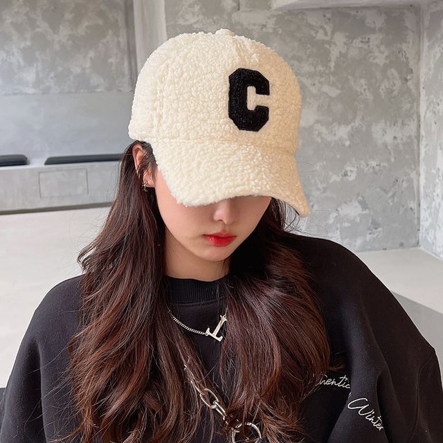 Lettering Applique Faux Shearling Baseball Cap