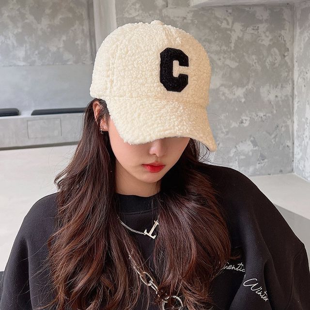 Lettering Applique Faux Shearling Baseball Cap