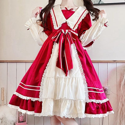 Lolita Long-Sleeve Mock Two-Piece Lace Trim A-Line Dress / Headpiece / Set