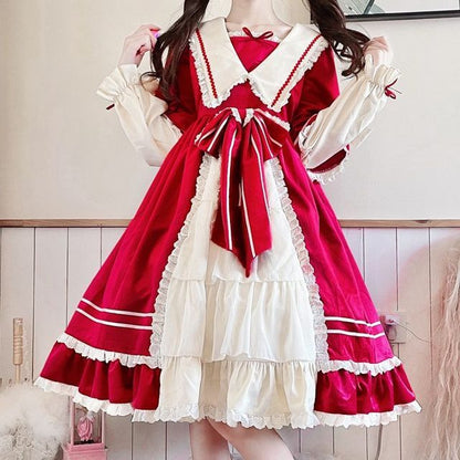 Lolita Long-Sleeve Mock Two-Piece Lace Trim A-Line Dress / Headpiece / Set