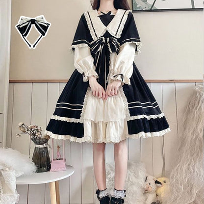 Lolita Long-Sleeve Mock Two-Piece Lace Trim A-Line Dress / Headpiece / Set