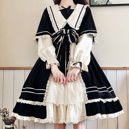 Lolita Long-Sleeve Mock Two-Piece Lace Trim A-Line Dress / Headpiece / Set