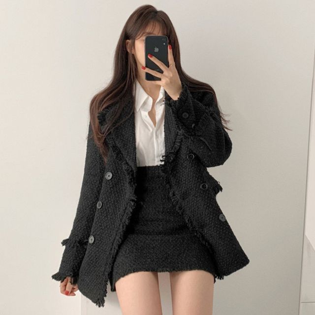 Fringed Trim Tweed Blazer / A-Line Skirt