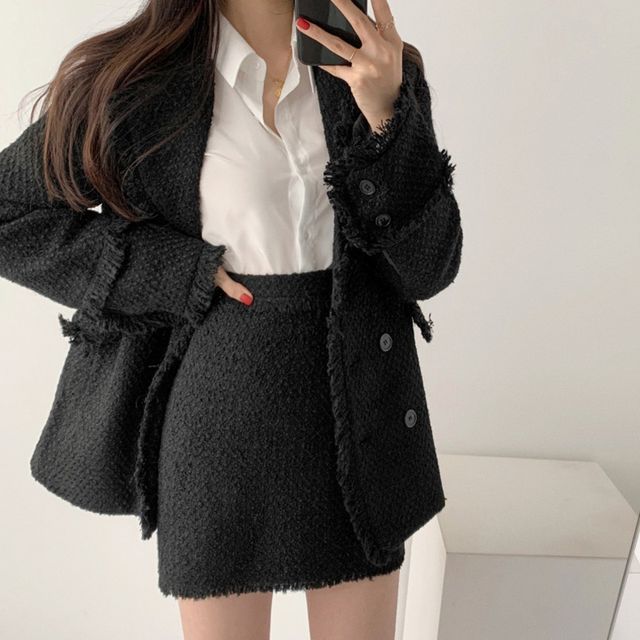 Fringed Trim Tweed Blazer / A-Line Skirt