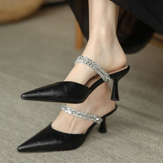 Rhinestone Pointy-Toe High-Heel Mules
