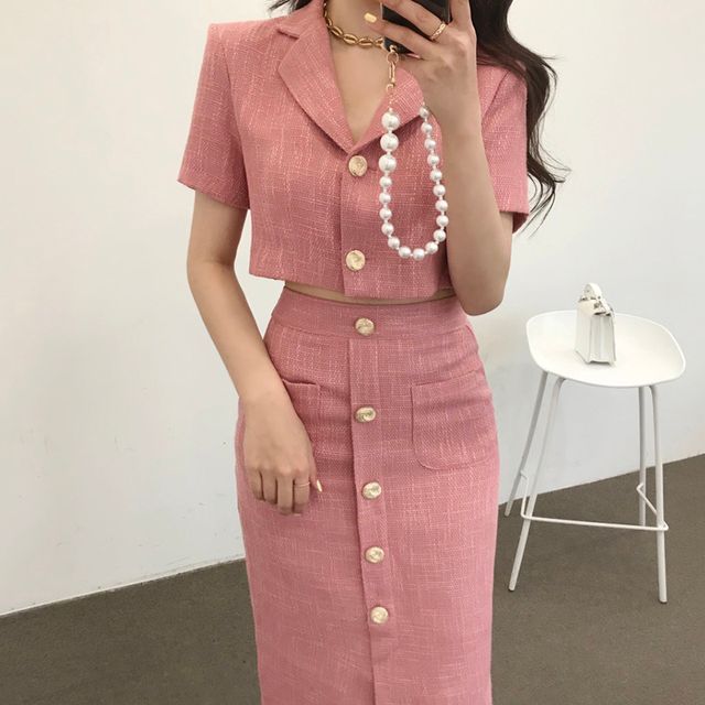 Short-Sleeve Tweed Cropped Blazer / Midi Pencil Skirt