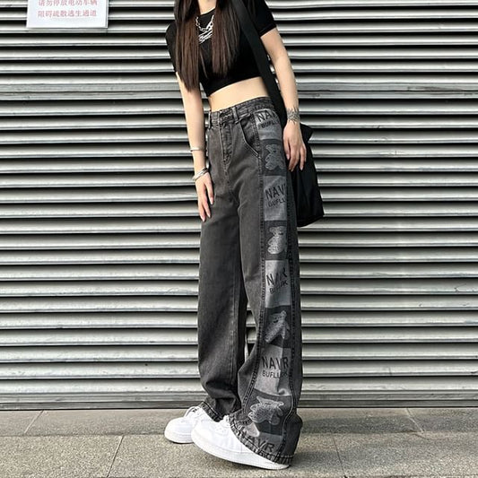 Baggy Graphic Waist Print High Jeans