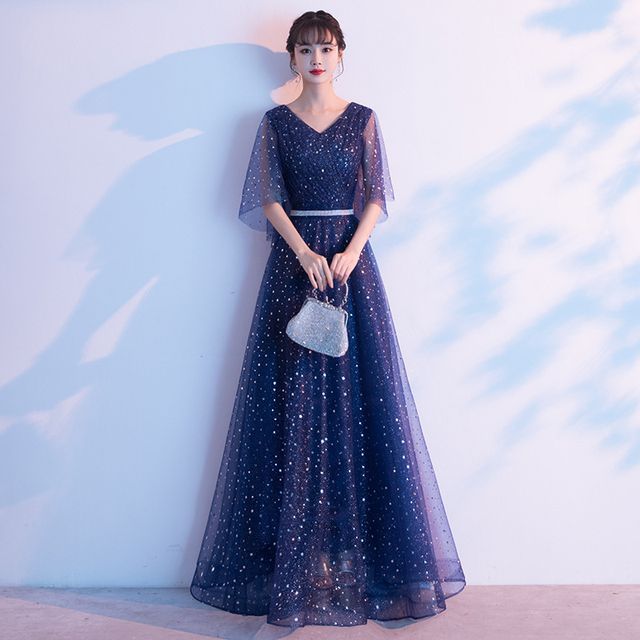 Bell-Sleeve Sequined A-Line Evening Gown