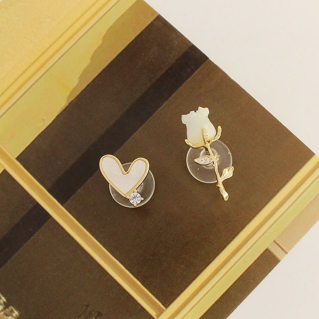 Earring Flower Shell Heart Asymmetrical Alloy