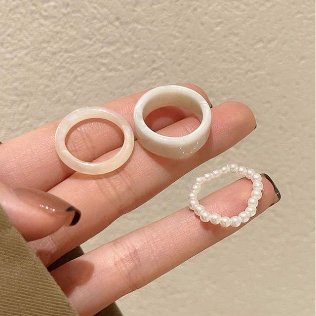 Pearl Ring + Resin Faux Set Of 3: