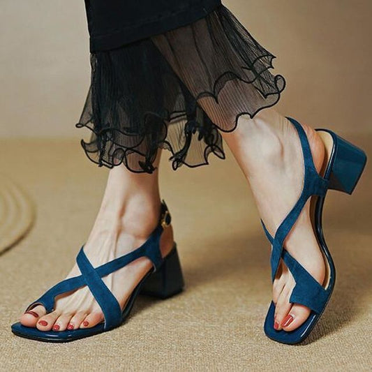 Chunky Strap Heel Cross Sandals Square-Toe