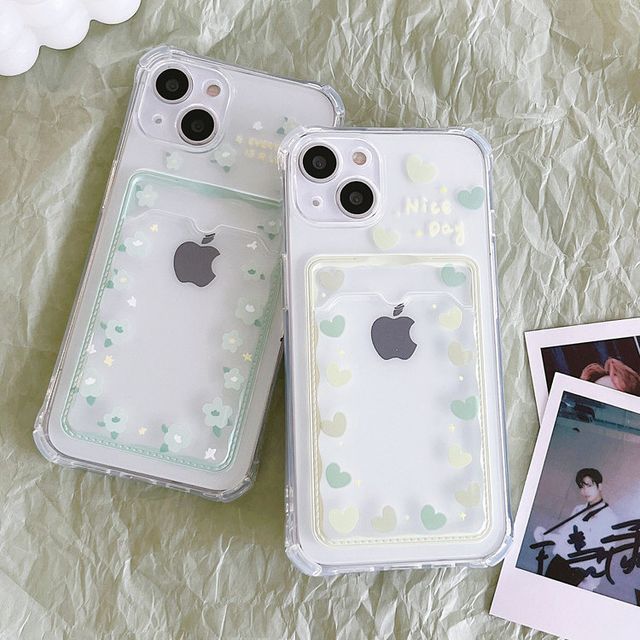 Card Holder Phone / Print Transparent Flower Case Heart