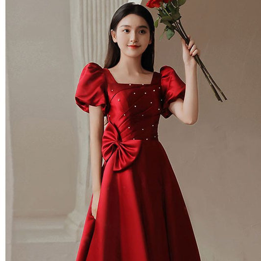 Puff-Sleeve Embellished Bow A-Line Prom Dress