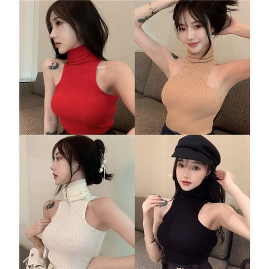 Sleeveless Plain Top Turtleneck