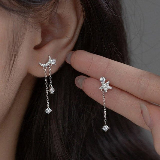 Moon & Star Rhinestone Asymmetrical Sterling Silver Dangle Earring