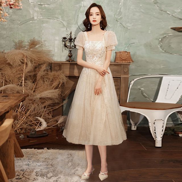 A-Line Gown Cocktail Dress Evening Puff-Sleeve /