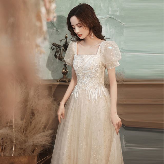 A-Line Gown Cocktail Dress Evening Puff-Sleeve /
