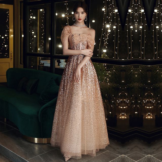 Off-Shoulder Sequin A-Line Evening Gown