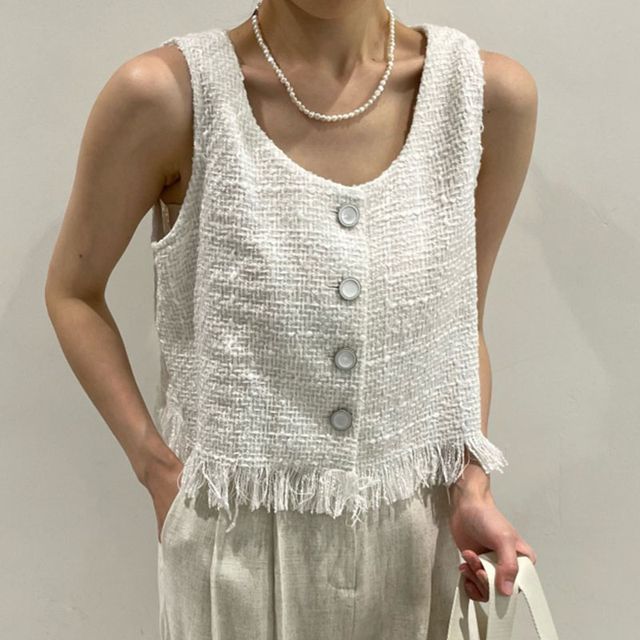 Fringed Button-Up Tweed Vest