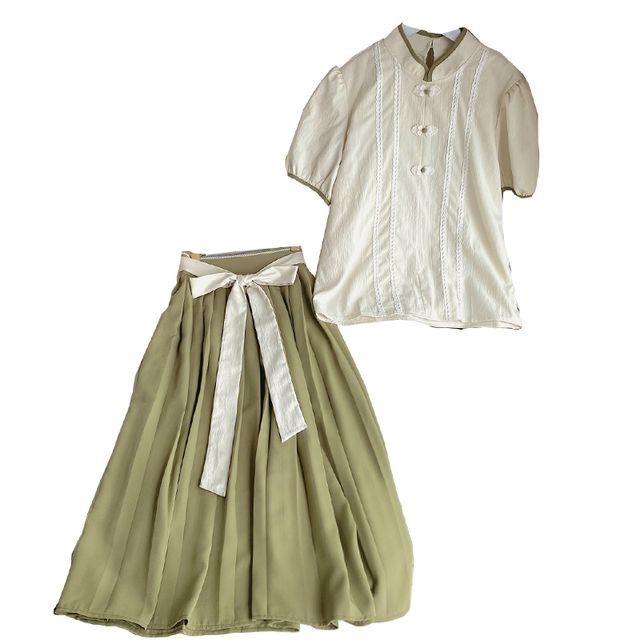 Set: Short-Sleeve Mandarin Collar Blouse + Pleated Midi A-Line Skirt