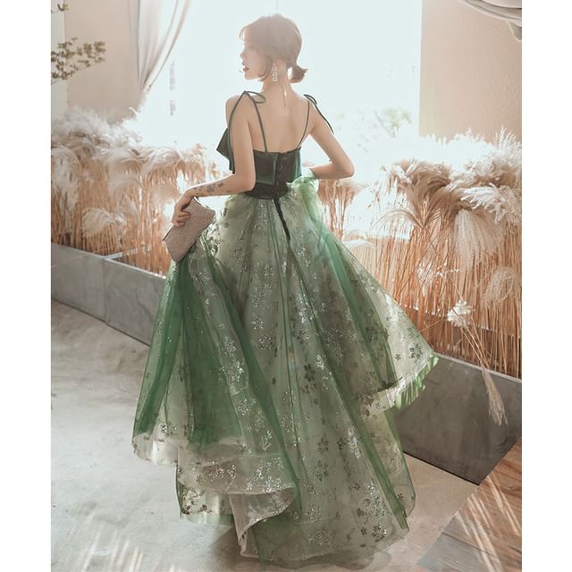 Sequin Midi A-Line Evening Gown with Spaghetti Straps