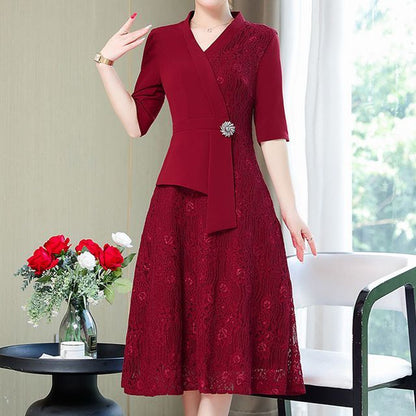 Elbow-Sleeve Lace Panel A-Line Dress