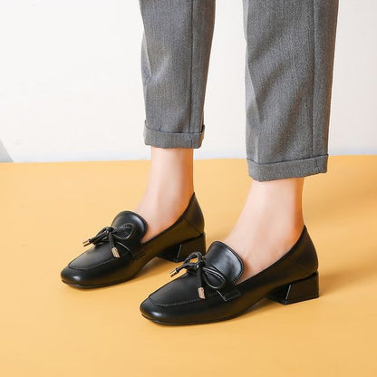 Plain Bow Block Heel Loafers Egirldoll