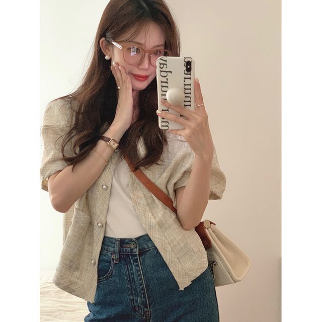 Short-Sleeve Plaid Button Blazer
