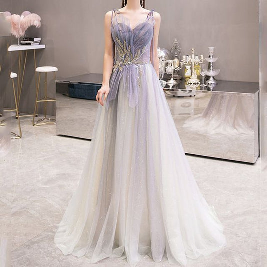 Spaghetti Strap Sweetheart Neckline Rhinestone Gradient Mesh A-Line Evening Gown