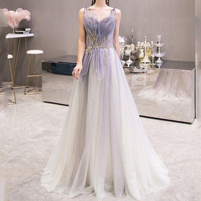 Gown Rhinestone A-Line Gradient Evening Neckline Strap Mesh Sweetheart Spaghetti