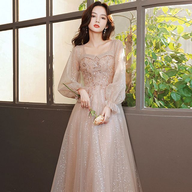 Glitter (Various Long-Sleeve Square Embellished Neck Dress Cocktail Mesh Designs)