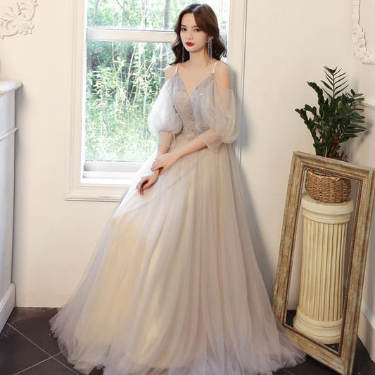 Shoulder 3/4-Sleeve A-Line Rhinestone Gown Cold Floral Evening
