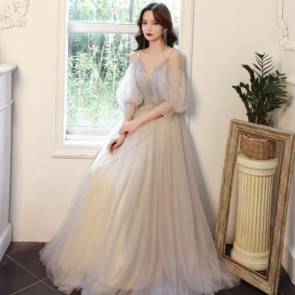 3/4-Sleeve Cold Shoulder Rhinestone Floral A-Line Evening Gown