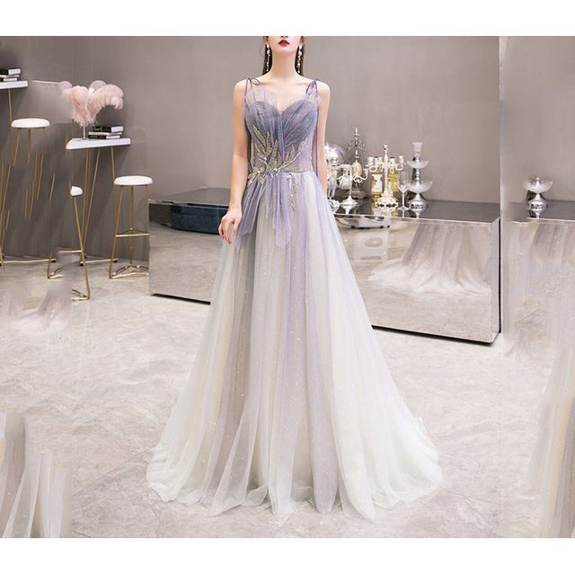 Gown Rhinestone A-Line Gradient Evening Neckline Strap Mesh Sweetheart Spaghetti