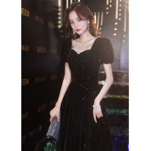 Neckline Prom Beaded (Various Dress Puff-Sleeve Sweetheart Designs) Trim Glitter