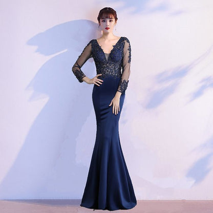 Long-Sleeve V-Neck Lace Mermaid Evening Gown