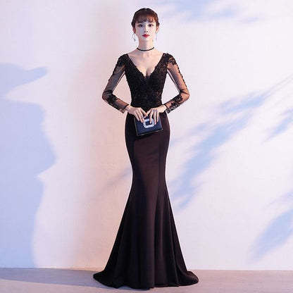 Long-Sleeve V-Neck Lace Mermaid Evening Gown