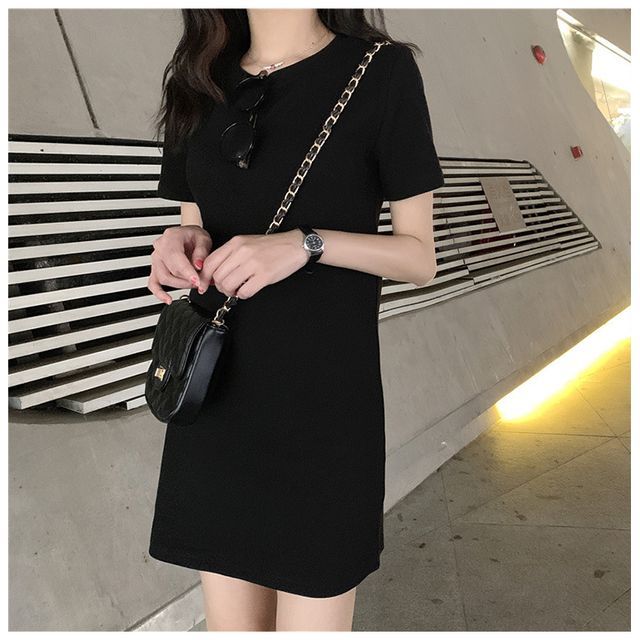 Mini Short-Sleeve Neck Plain T-Shirt Dress Round