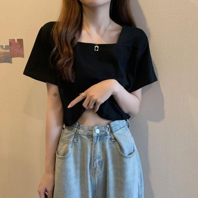 Blouse Neck Short-Sleeve Cropped Plain Square