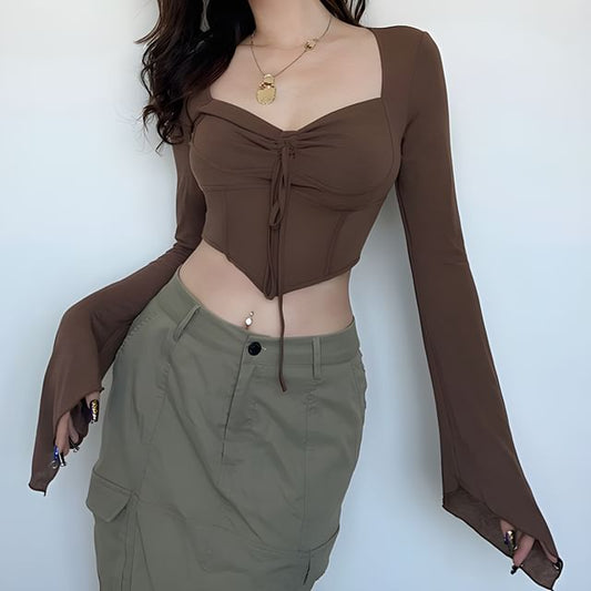 Long-Sleeve Plain Drawstring Corset Top