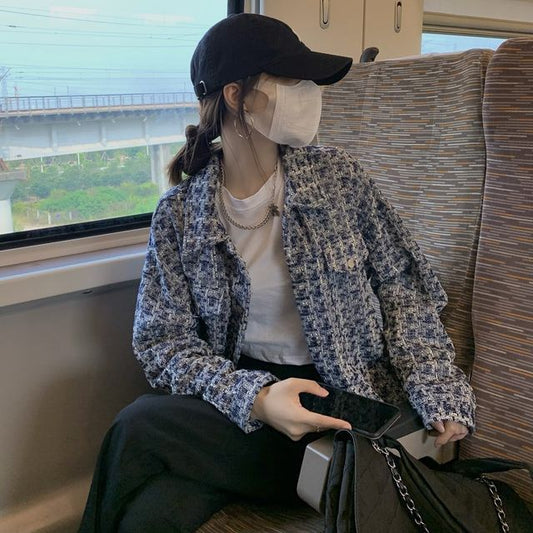 Long-Sleeve Tweed Plaid Shirt Jacket