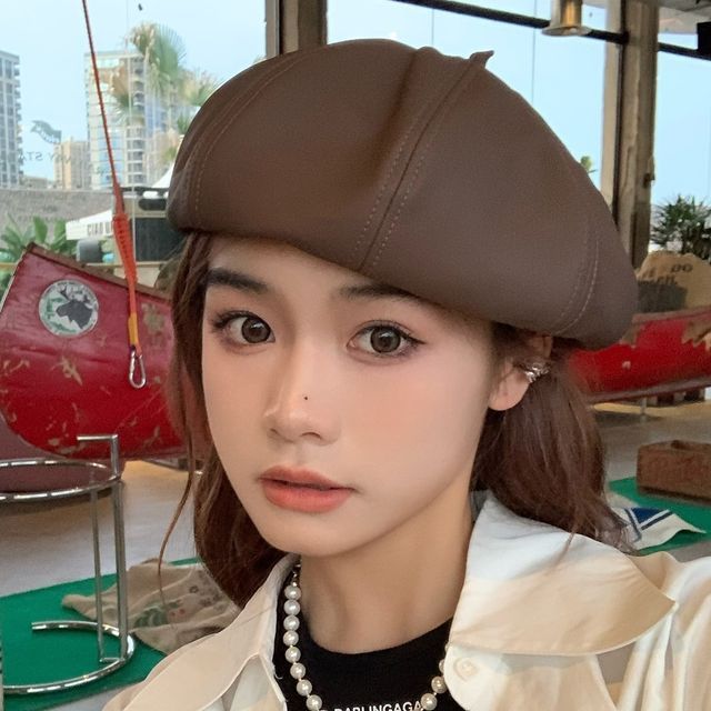 Leather Hat Beret Plain Faux