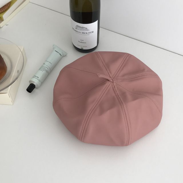 Leather Hat Beret Plain Faux