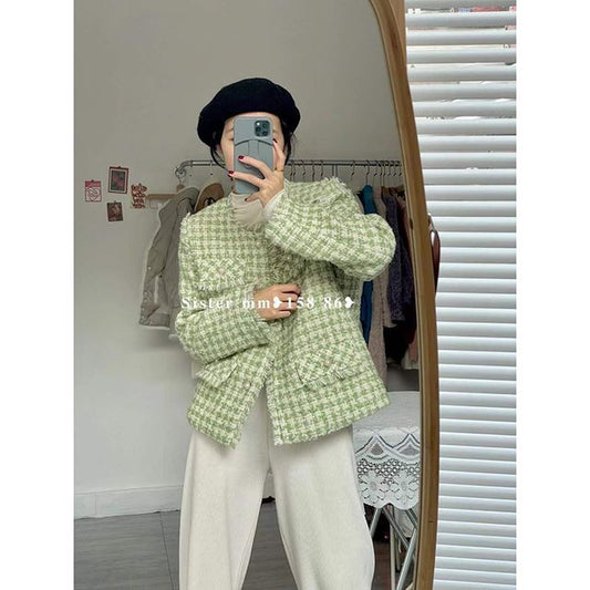 Crew Neck Tweed Button Jacket