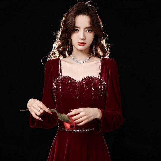 Long-Sleeve Sweetheart-Neckline Rhinestone A-Line Evening Gown