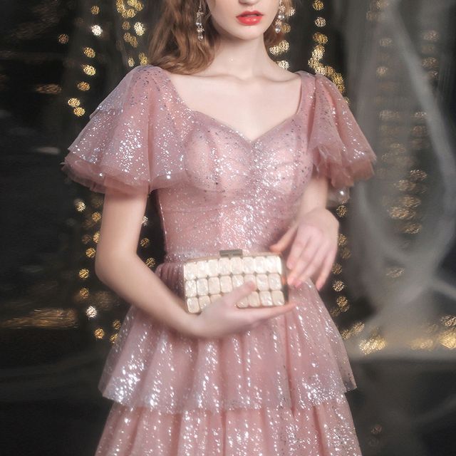 Layered Sweetheart-Neckline Gown A-Line Short-Sleeve Evening Sequined