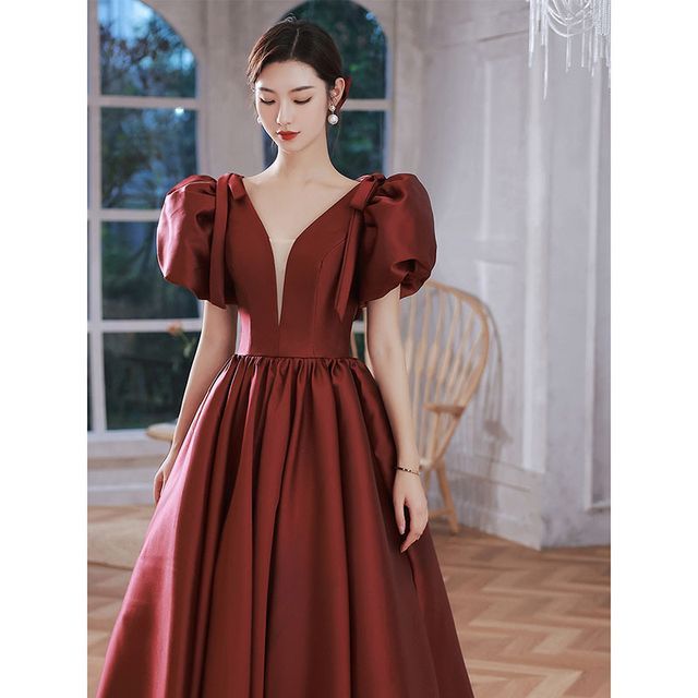 Puff-Sleeve Mesh Panel Plain A-Line Evening Gown