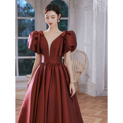 Puff-Sleeve Mesh Panel Plain A-Line Evening Gown